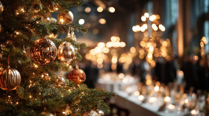 Christmas tree decorated with gold ornaments and lights, creating a festive holiday atmosphere.