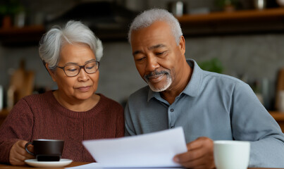 senior ethnic couple drinking coffee and looking at invoice bills, money issues concept
