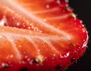 Close-up of a Ripe Strawberry: A vibrant, close-up shot showcases the succulent interior of a freshly sliced strawberry, revealing its juicy texture and bright red hue.