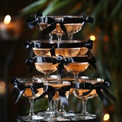 Champagne pyramid tower with black bows and ribbons. Alcoholic drinks. Luxury decoration for birthday party, wedding invitation, card. Coquettish, flirty aesthetic. Vector illustration.