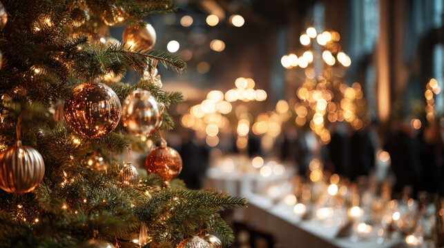 Christmas tree decorated with gold ornaments and lights, creating a festive holiday atmosphere.