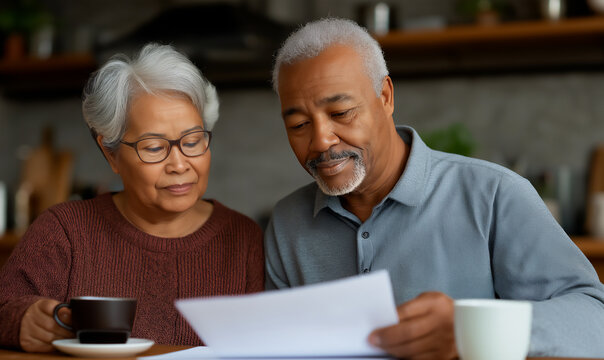 senior ethnic couple drinking coffee and looking at invoice bills, money issues concept