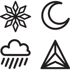 Weather and celestial icons: snowflake, crescent moon, rain cloud, and pyramid on transparent background