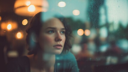 Obraz premium Melancholic Young Woman Reflected in Rainy Café Window with Bokeh Lights in Moody Atmosphere