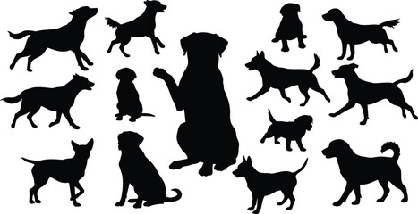 Dog silhouette collection, multiple dog poses, pet animal vector, black dog shape, isolated puppies, dog clipart set, graphic pet design