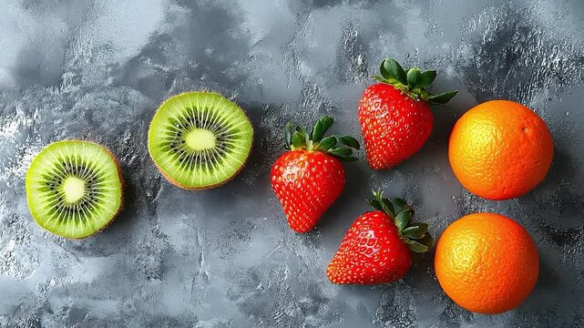 Close up of a variety of fruits including kiwi, strawberries, and oranges. The kiwi is cut in half and the strawberries are whole. Concept of freshness and abundance