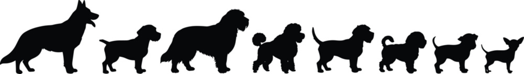 Multiple dog breed silhouettes, different size dogs, vector dog icons, black pet shapes, isolated puppy silhouettes, pet breed collection design