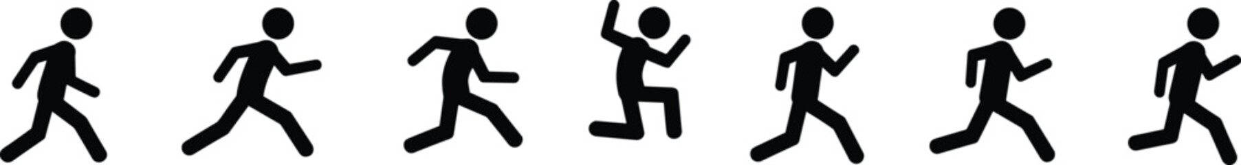 Running stick figure icons, black silhouette sequence, action movement, jogging illustration, exercise poses, workout animation, fitness symbol set, speed motion