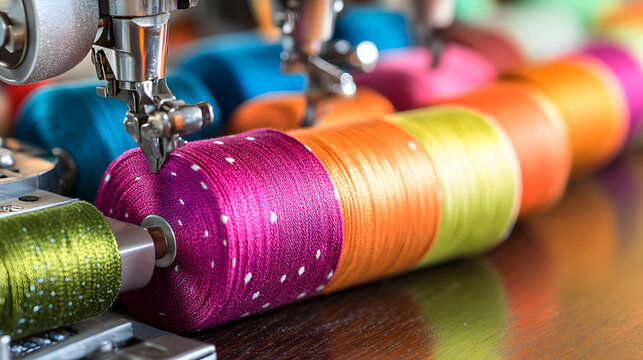 Close-up of colorful thread spools on a sewing machine.