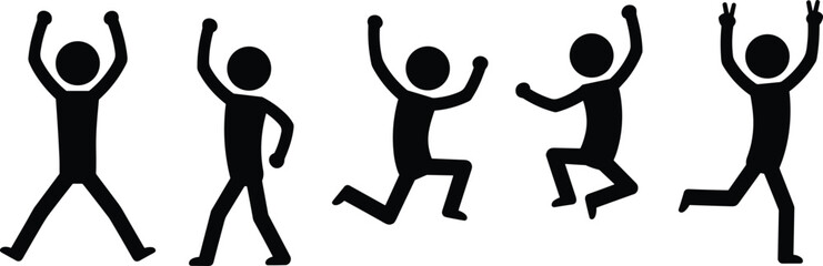 Stick figure celebration poses, jumping silhouette icons, happy dance illustration, black figure joy motion, energetic movement sequence, excitement action graphics