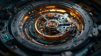 Close-up view of a complex mechanical device with intricate gears and glowing elements.