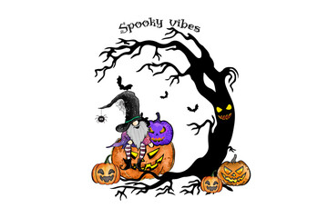 Illustration of a spooky halloween scene with a gnome witch sitting on pumpkins isolated on transparent background