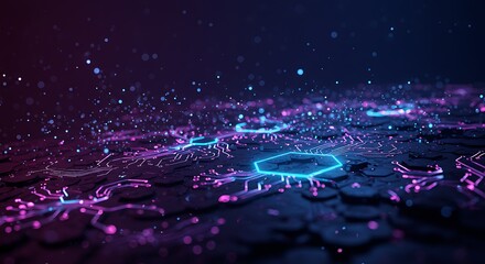 Abstract technology background with a glowing blue and purple microchip network representing big data and AI innovation