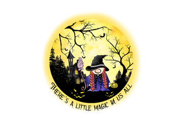 Illustration of a whimsical witch stands before a spooky house under the light of the full moon on halloween night isolated on transparent background