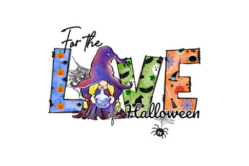 Illustration of a cute halloween gnome holding a potion stands in front of the word love isolated on transparent background