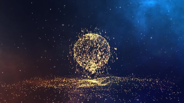 Abstract futuristic wave sparking ball 4K background created using Particular. Ideal for technology intros, sci-fi visuals, motion graphics overlays, and digital music visuals.