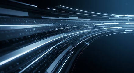 Futuristic digital data streams flowing rapidly through a high-speed network, representing advanced information technology concept