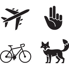 Fototapeta premium Black silhouettes of airplane hand bicycle and fox on a white background in a square format on transparent background