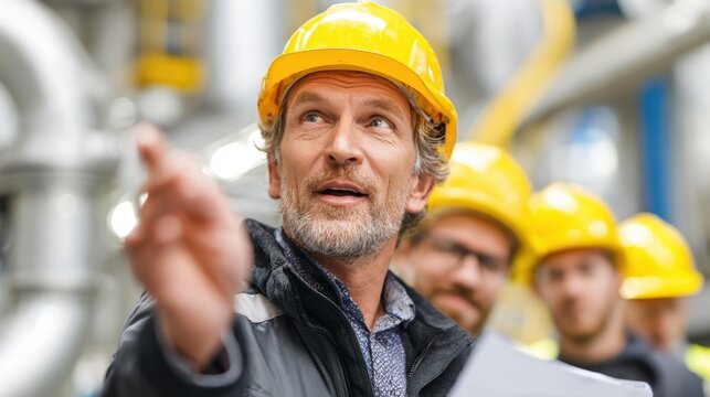 Experienced sales engineer guiding clients through technical aspects of industrial equipment emphasizing performance benefits and operational ease during site visit.