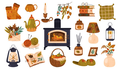 Autumn interior decoration elements. Vector icon for indoor house or home ornament, room furniture. Fall herbarium in vase and warm socks, slippers, candle and book pile, fireplace. Thanksgiving.