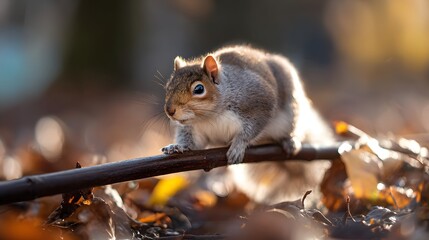 Cute Squirrel Relaxing on a Branch Surrounded by Autumn Leaves