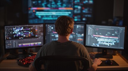 Wide shot of a creative workstation with multiple screens displaying animation timelines as an artist adjusts keyframes for smooth motion effects.
