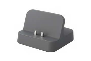 Sleek gray charging dock with dual pins, transparent backdrop revealing minimalist tech accessory design and charging capability