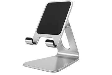 Minimalist metal phone holder presenting sleek smartphone with blank black display, isolated on transparent backdrop