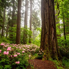 Misty forest with pink flowers