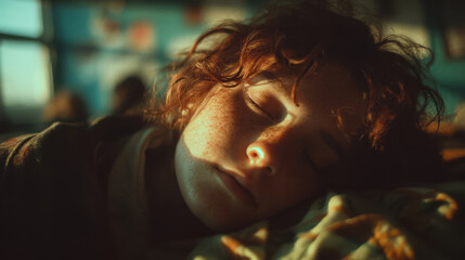 Close-up of a young person sleeping peacefully in warm morning sunlight