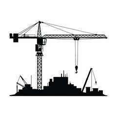 Silhouette of Construction Cranes and City Skyline Against a White Background