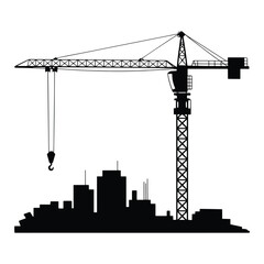 Silhouette of a construction crane over a city skyline in black and white