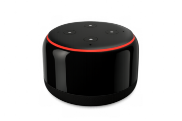 Sleek black smart speaker with illuminated red ring, symbolizing cutting-edge digital home assistant technology on clean surface