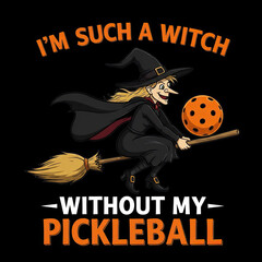 Cartoon witch riding broom with pickleball on black background  