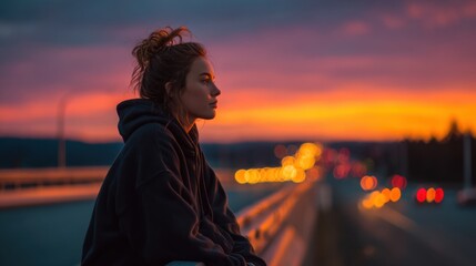 Girl sitting on a highway bridge railing watching the sunset sky