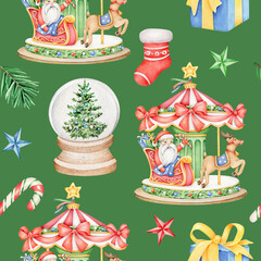 Watercolor Christmas pattern with marry go round,santa,crystal globe,candy,star,fir branch,sock,present box.Amusement park.Christmas celebration.Carousel.Winter holidays.Christmas fabric design