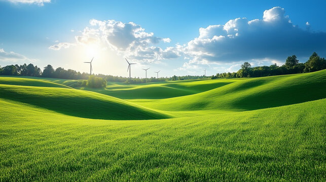 Lush green rolling hills under a bright blue sky with fluffy clouds and wind turbines in the distance, showcasing a serene and sustainable landscape environment
