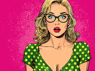 Woman in green polka dot dress with glasses showing surprise against pink background