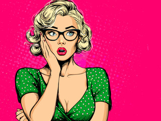 Surprised woman with vintage style and green polka dot dress against a bright pink background