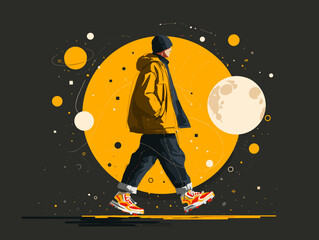Fototapeta premium Young person walking in urban style with cosmic background during nighttime