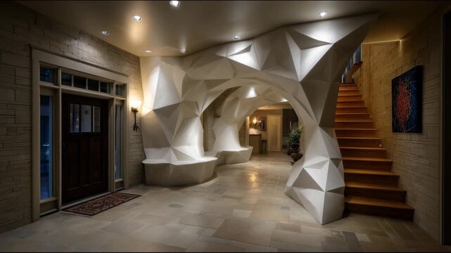 Modern hallway interior with geometric white structure, wooden staircase, stone walls, lighting, entrance door