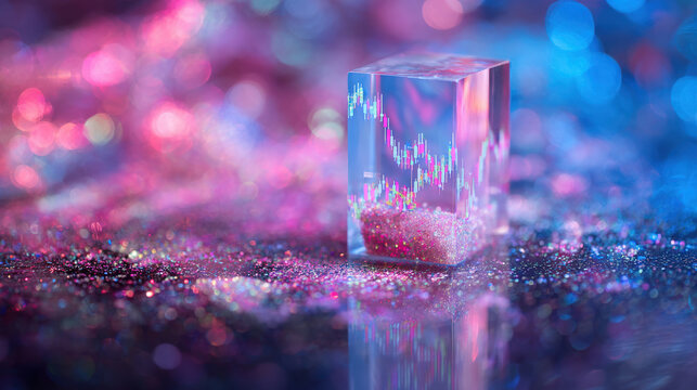 Abstract Crystal Cube Encasing Financial Chart with Glittering Particles and Bokeh Background