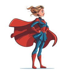 Female superhero stands confidently in a dynamic pose with a flowing cape against a plain background