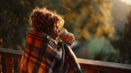 A young Caucasian woman with curly hair sits on a balcony wrapped in a plaid blanket, holding a steaming cup. The warm autumn sunlight creates a cozy atmosphere. Slow living.