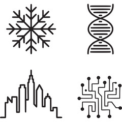 Four black and white icons representing a snowflake dna strand city skyline and circuit board design on transparent background