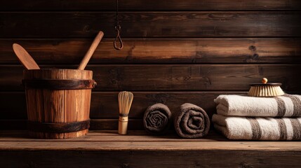 Fototapeta premium Sauna bench with ladle, bucket, towel, and whisk arranged for traditional spa use