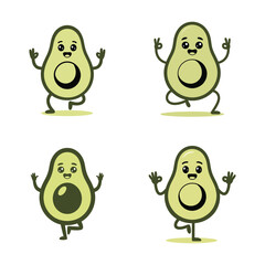 Cute Avocado Characters Practicing Yoga Poses on a White Background