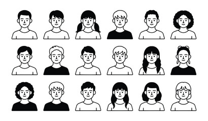 Set of diverse cartoon people avatars in black and white vector illustration