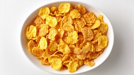Top-down view of crunchy cornflakes served in a bowl on white background