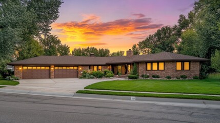 Suburban home sunset, landscaped yard, driveway, real estate listing